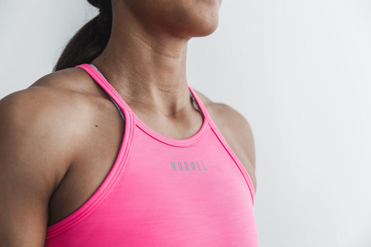 Nobull Halter Neon Ribbed Women's Tank Tops Pink | Australia (ZU1830)